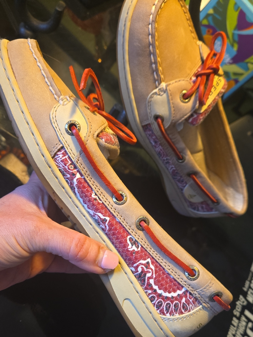 Like New - Sperry Tan Boat Shoes with Red Sequined Trim & Red Leather Laces - Picture 5 of 6